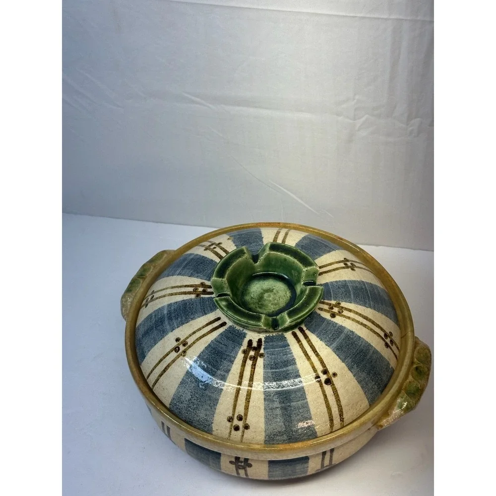Vintage Japanese Donabe Casserole Pot Blue Striped Earthenware Cookware B-7